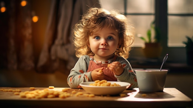 Bambino carino felice di mangiare in soggiorno