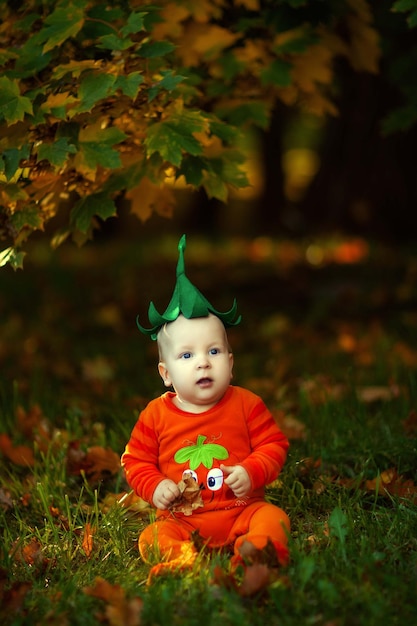 bambino carino in un costume da zucca all'aperto in autunno