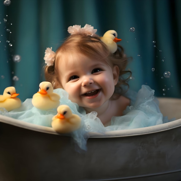 Bambino carino nella vasca da bagno con anatre e materiale ad alta risoluzione