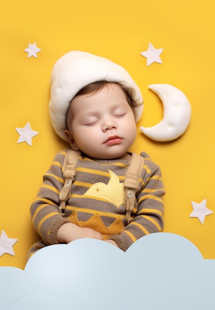 Bambino carino sta dormendo profondamente isolato sullo sfondo
