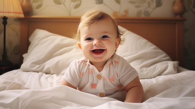 bambino carino sul letto allegro