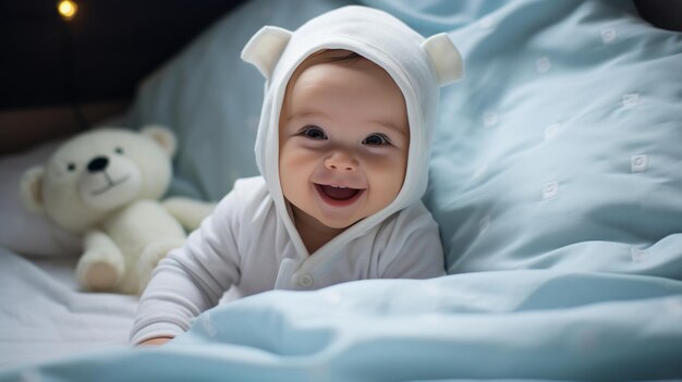 bambino carino sul letto allegro