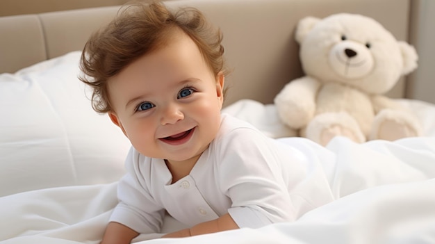 bambino carino sul letto allegro