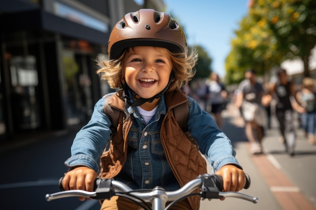 Bambino caucasico ragazzo con casco in sella alla sua bicicletta Le lenti da 110 mm sfocano lo sfondo del parco dei bambini backgrou