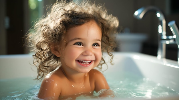 Bambino caucasico sveglio che sorride nella vasca da bagno che gode pulito