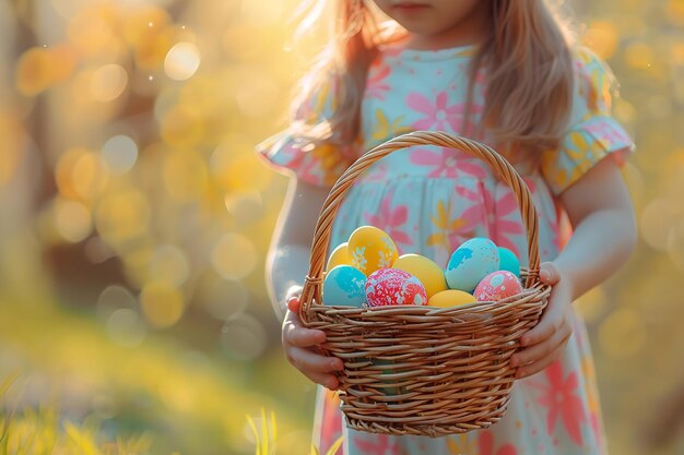 Bambino che afferra un cesto pieno di uova di Pasqua vibranti Generativo Ai