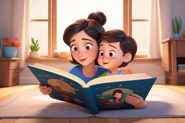 Bambino che ascolta sua madre leggere un libro di raccontiMadre e bambino che leggono un libro insieme IllustrazioneFamiglia che legge un libro insieme