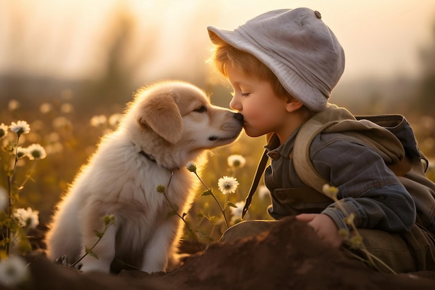 bambino che bacia un cane in natura IA generativa
