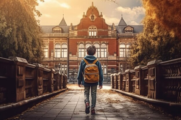 Bambino che cammina e vista posteriore dell'ingresso della scuola L'allievo va a studiare con lo zaino IA generativa