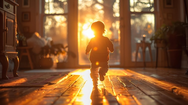 Bambino che cammina sul pavimento di legno