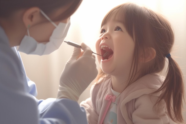 Bambino che controlla i denti con il dentista sul letto dentale