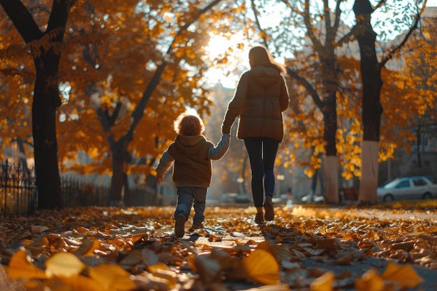 bambino che corre e gioca con la madre nel parco della città in autunno Tempo di famiglia