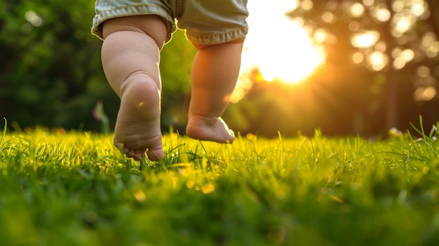 bambino che corre nel parco a piedi nudi primo piano della gamba del bambino corre in estate sull'erba verde al tramonto nel parco felice concetto di famiglia bambino bambino che corre e gioca sogno nel parco