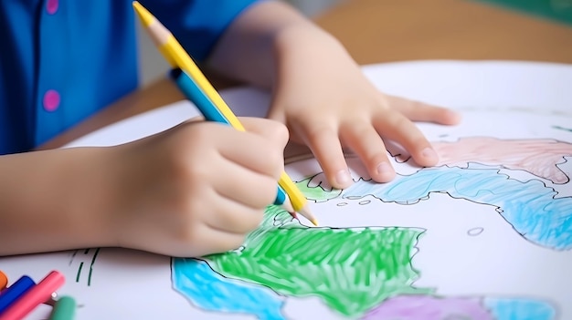 Bambino che disegna il pianeta terra sul concetto di carta bianca della giornata della terra o della conservazione dell'ambiente e dell'acqua