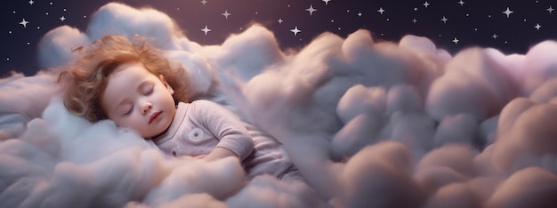 Bambino che dorme di notte sulle nuvole close-up e copia lo spazio