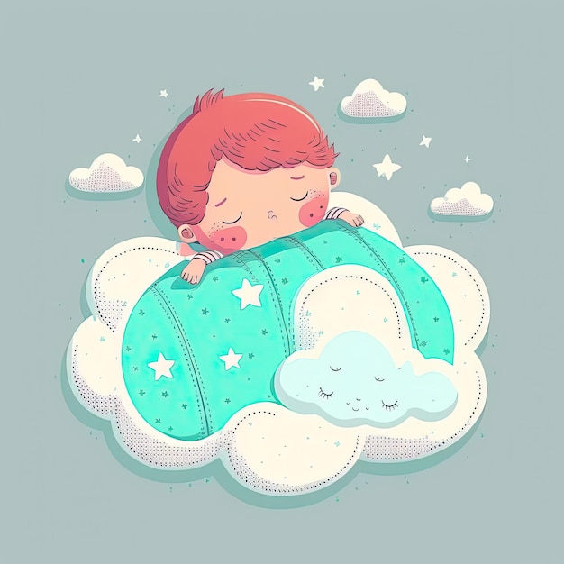 Bambino che dorme e sogna su soffice nuvola su sfondo blu Illustrazione a colori IA generativa