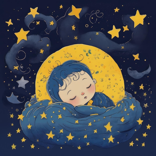 Bambino che dorme tra la luna luminosa del cielo blu e il cartone animato delle stelle con ai generativo