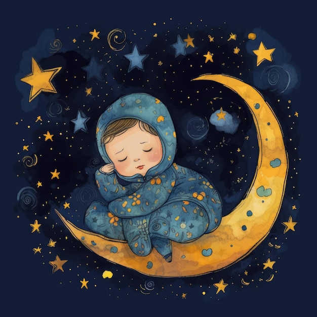 Bambino che dorme tra la luna luminosa del cielo blu e il cartone animato delle stelle con ai generativo