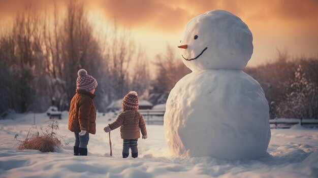 Bambino che gioca a pupazzo di neve al tramonto IA generativa