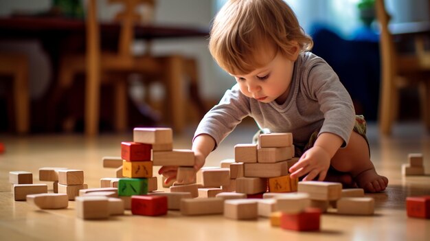 bambino che gioca con blocchi di giocattolo di legno bambino che gioca con cubetti di legno