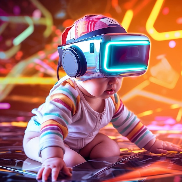 Bambino che gioca con i visori VR Metaverso e tecnologia del futuro IA generativa