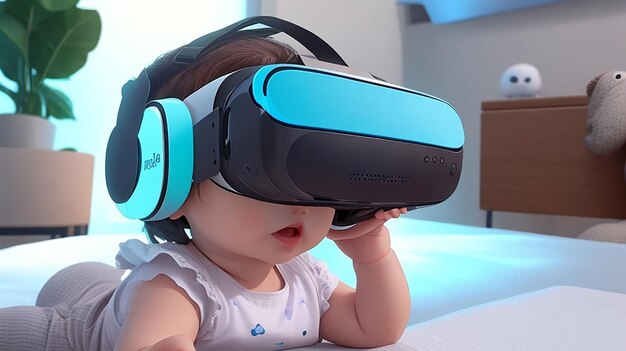 Bambino che gioca con i visori VR Metaverso e tecnologia del futuro