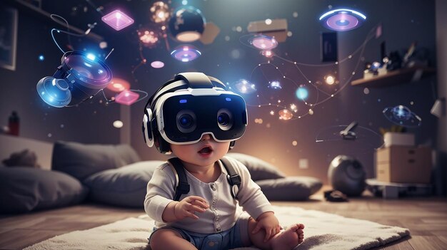 Bambino che gioca con i visori VR Metaverso e tecnologia del futuro