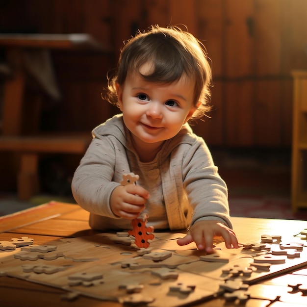 Bambino che gioca con il puzzle bambino che gioca con la foto