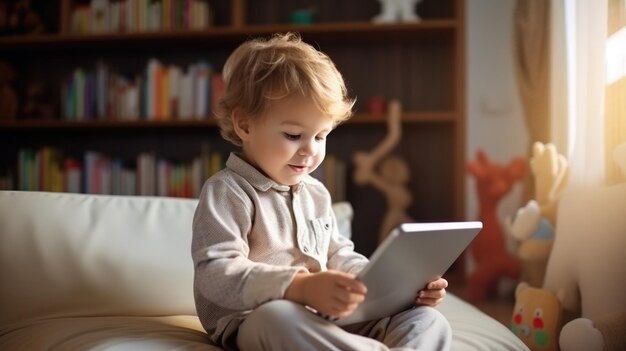 Bambino che gioca con il tablet a casa Concetto di bambini e dispositivi elettronici