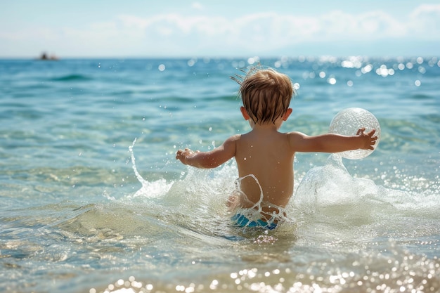 Bambino che gioca con la palla in mare durante le vacanze estive