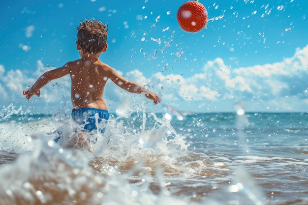 Bambino che gioca con la palla in mare durante le vacanze estive