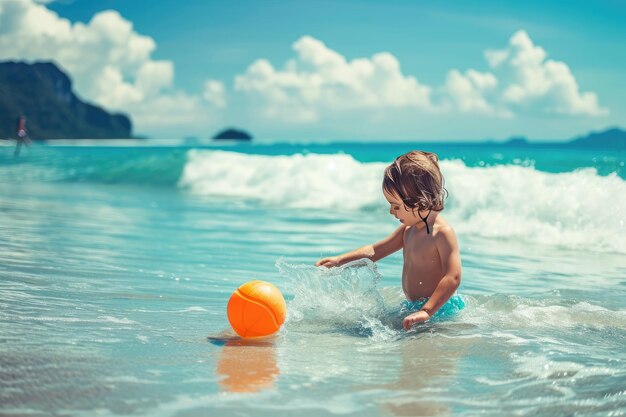 Bambino che gioca con la palla in mare durante le vacanze estive