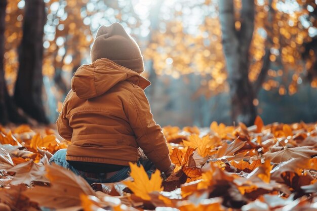 bambino che gioca con le foglie cadute dagli alberi in autunno