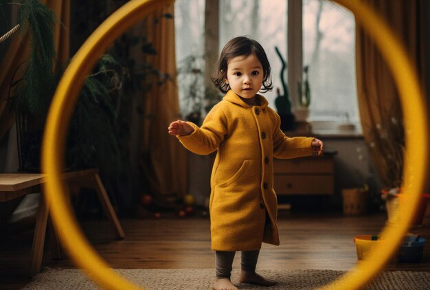 Bambino che gioca con un hula hoop in legno generato dall'ai