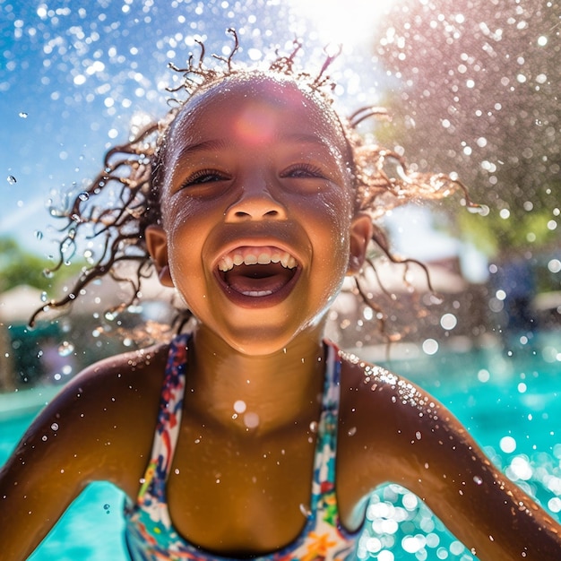 Bambino che gioca e spruzzi in piscina in estate Bambino carino che salta in piscina divertendosi