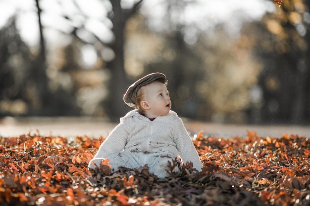 Bambino che gioca nel parco d'autunno Bambini che lanciano foglie gialle Bambino con foglie di quercia e acero Fogliame autunnale