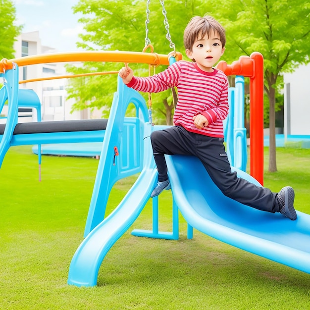 Bambino che gioca nel parco giochi all'aperto I bambini giocano sull'altalena del cortile dell'asilo I bambini giocano nel parco colorato