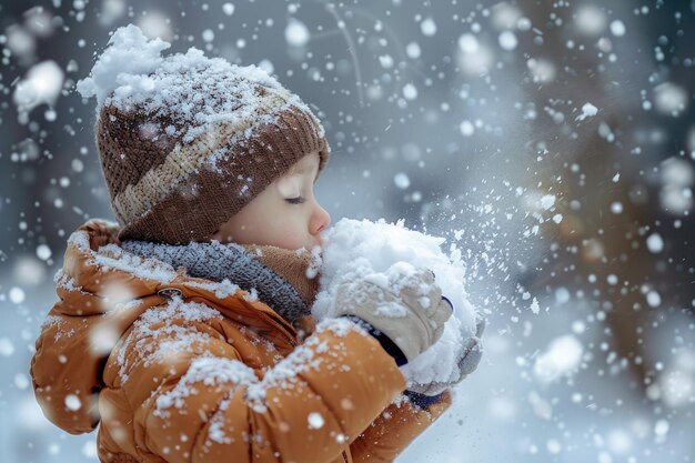 Bambino che gioca nella neve durante un'escursione al parco invernale