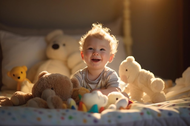 Bambino che gioca sul letto