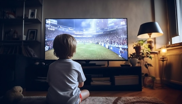 Bambino che gioca sulla console con il grande schermo a casa