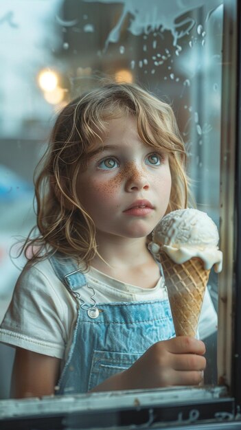 Bambino che guarda fuori dalla finestra tenendo un cono di gelato che si scioglie con uno sguardo di meraviglia