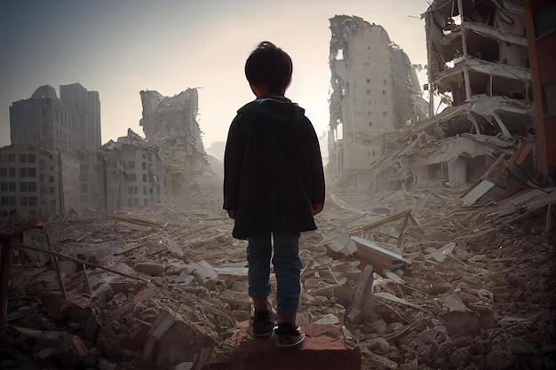 Bambino che guarda gli edifici e il paesaggio urbano distrutti dal terremoto La tragedia ha sconvolto la disperazione IA generativa