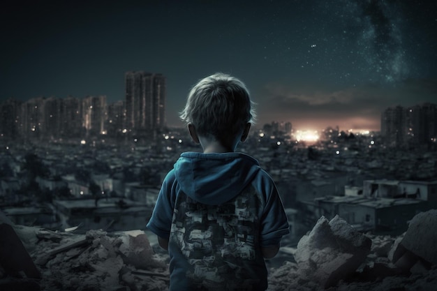Bambino che guarda gli edifici e il paesaggio urbano distrutti dal terremoto La tragedia ha sconvolto la disperazione IA generativa