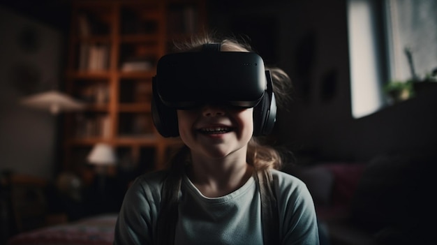 bambino che indossa occhiali per realtà virtuale a casa Tecnologia del futuro e concetto di intrattenimento