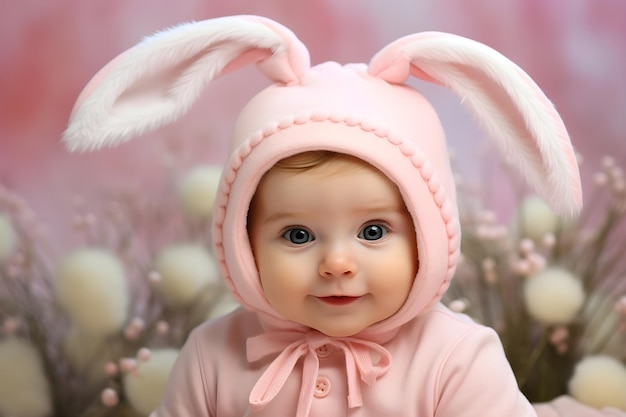 bambino che indossa orecchie di coniglio di Pasqua su fiori sullo sfondo AI generativa