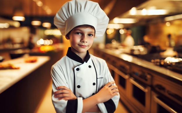 Bambino che indossa un'uniforme da chef Uniforme da chef sfocato sullo sfondo della cucina Futura carriera sogni idee sogni