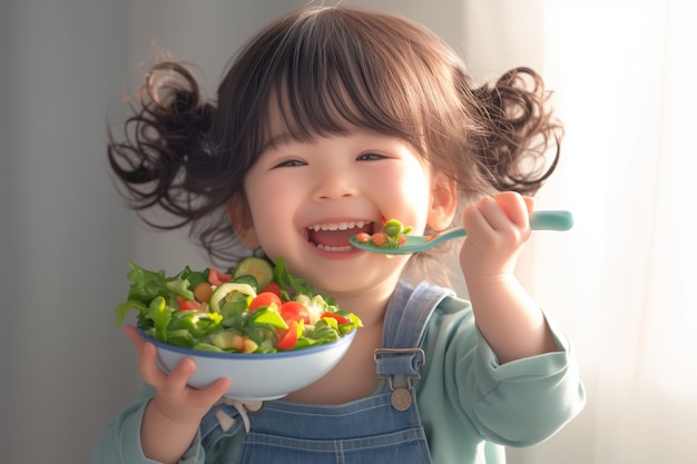 Bambino che mangia deliziosamente verdure sul tavolo da pranzo