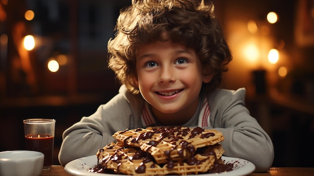 Bambino che mangia le cialde con l'impostazione del cioccolato su una sedia