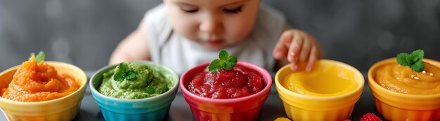 Bambino che mangia una ciotola di diversi tipi di succhi di frutta