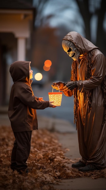 Bambino che raccoglie dolci Tema di Halloween Generato con l'intelligenza artificiale